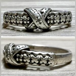 Vintage Handmade Designer R Sterling Silver Diamond Crossover X Ring, Size 7.75